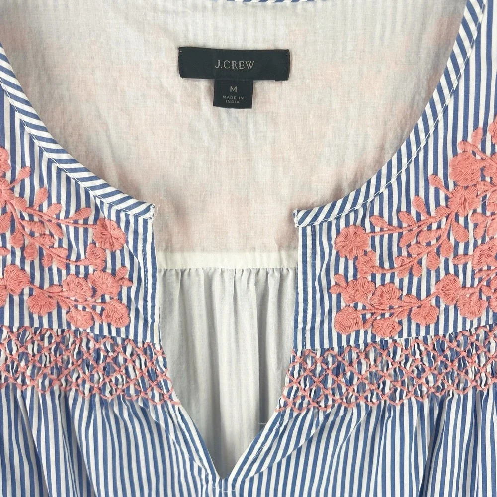 J CREW Preppy Blue Striped‎ Ruffle Dress Pink Embroidered Smocked Yolk Sz Medium